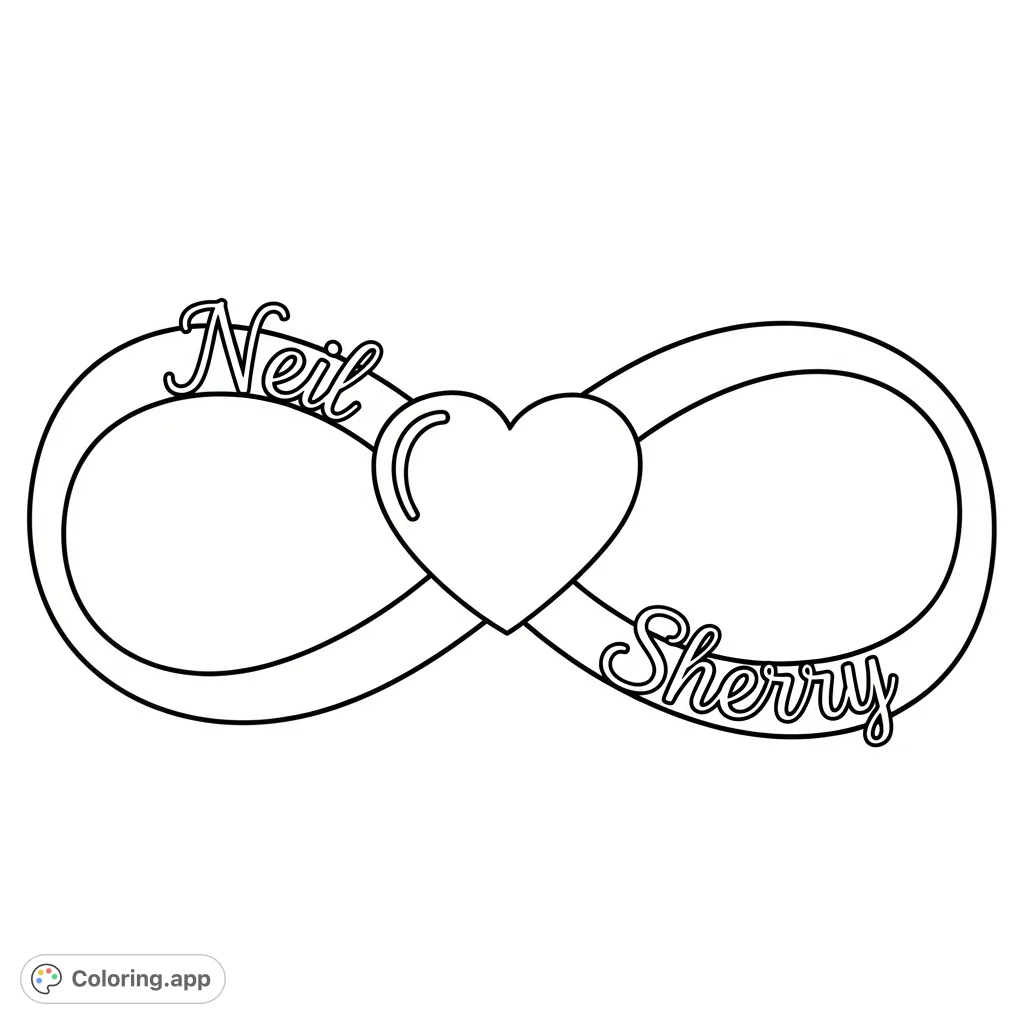 A romantic infinity symbol intertwined with a heart, featuring the names Neil and Sherry. A beautiful expression of everlasting love and connection.
