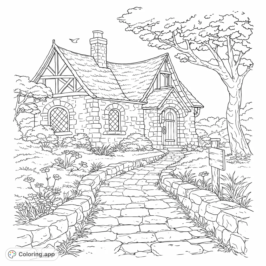 Explore a charming cottage with a winding stone path, surrounded by lush gardens and a serene sky, perfect for a peaceful coloring escape.