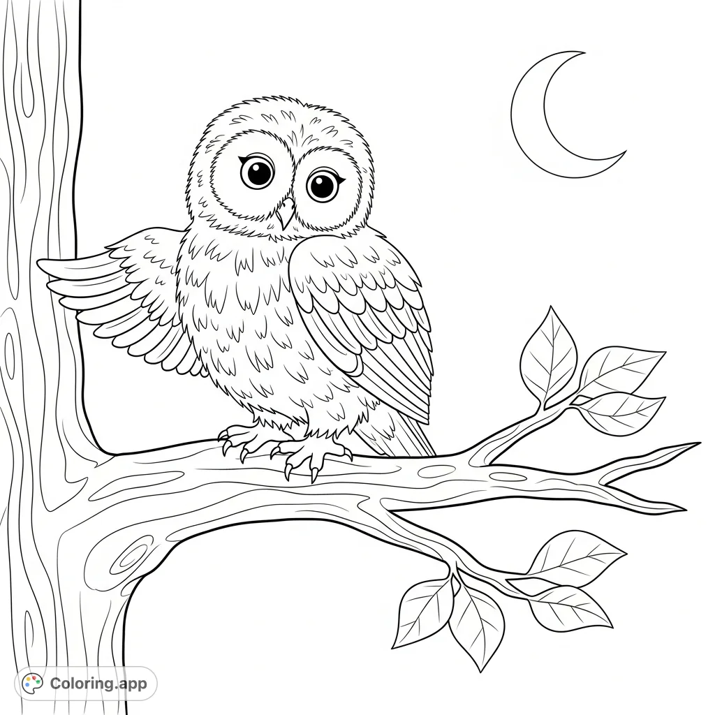 Discover a charming fluffy baby owl perched on a tree branch under a crescent moon. Perfect for a calming nature-themed coloring page adventure!