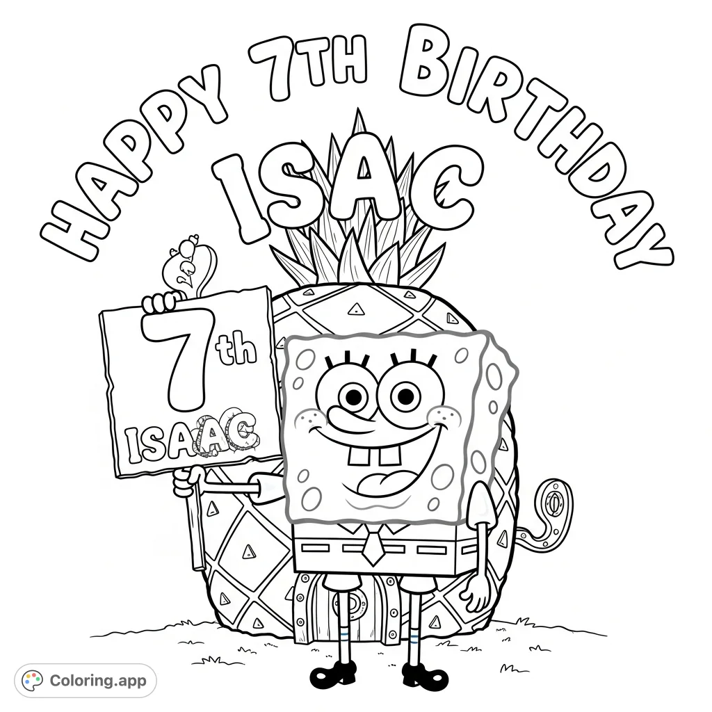 Celebrate with SpongeBob SquarePants! A free printable personalized coloring page featuring SpongeBob, his pineapple home, and a special "Happy 7th Birthday Isaac" message.
