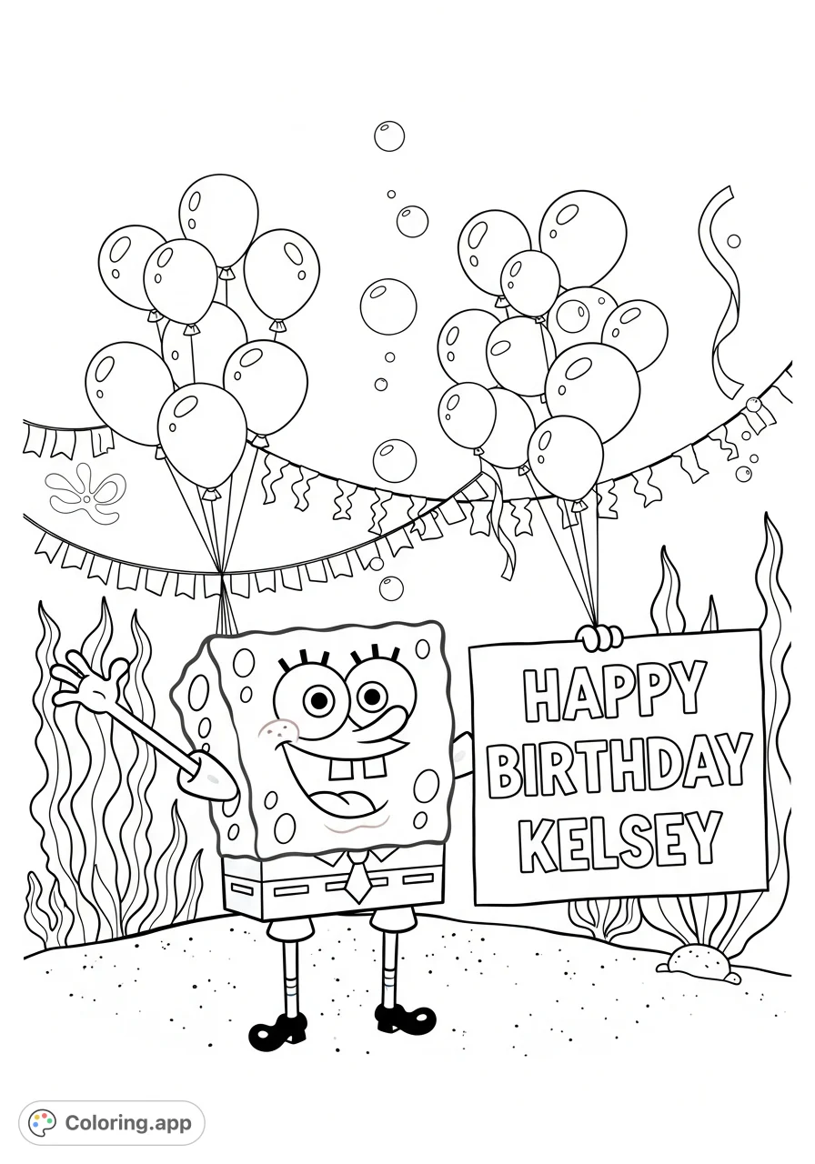 A free printable Spongebob Squarepants coloring page featuring Spongebob waving with a "Happy Birthday Kelsey" sign amidst festive underwater decorations. Joyful fun!