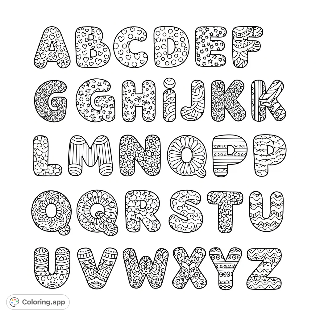 Discover the entire alphabet, each bubble letter filled with unique, intricate patterns like hearts, stars, floral designs, and more. A fun and detailed coloring challenge!