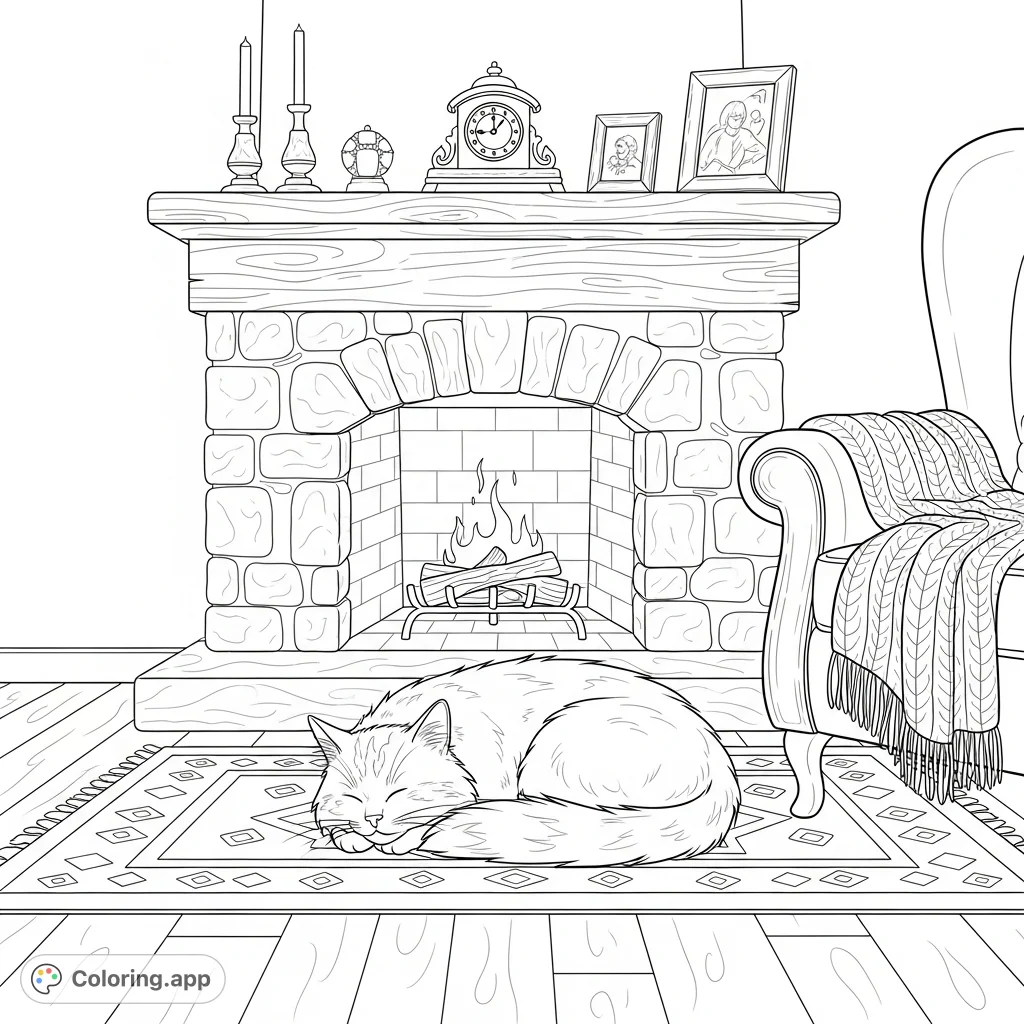 Discover a serene moment: a fluffy cat peacefully asleep on a patterned rug before a grand stone fireplace, adorned with antique trinkets. A comforting scene.