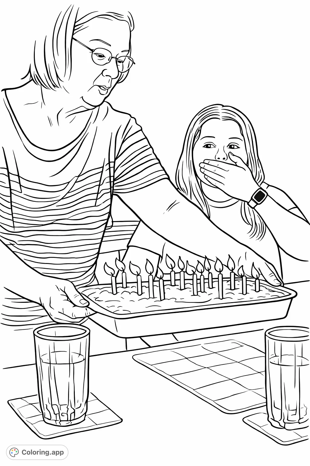 Capture a heartwarming birthday moment! An adult presents a candle-lit cake to a surprised young person.
