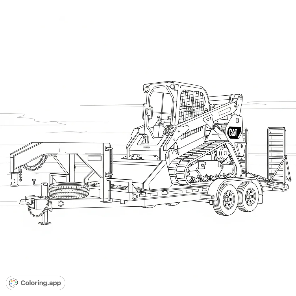 A detailed Cat skid steer loader sits securely on a gooseneck trailer, ready for transport. Explore the intricate machinery and trailer components.
