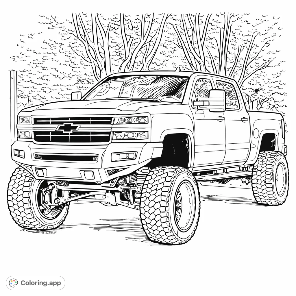 Commanding lifted pickup truck with massive tires and custom suspension awaits your creative touch. A detailed off-road vehicle perfect for truck enthusiasts to color.