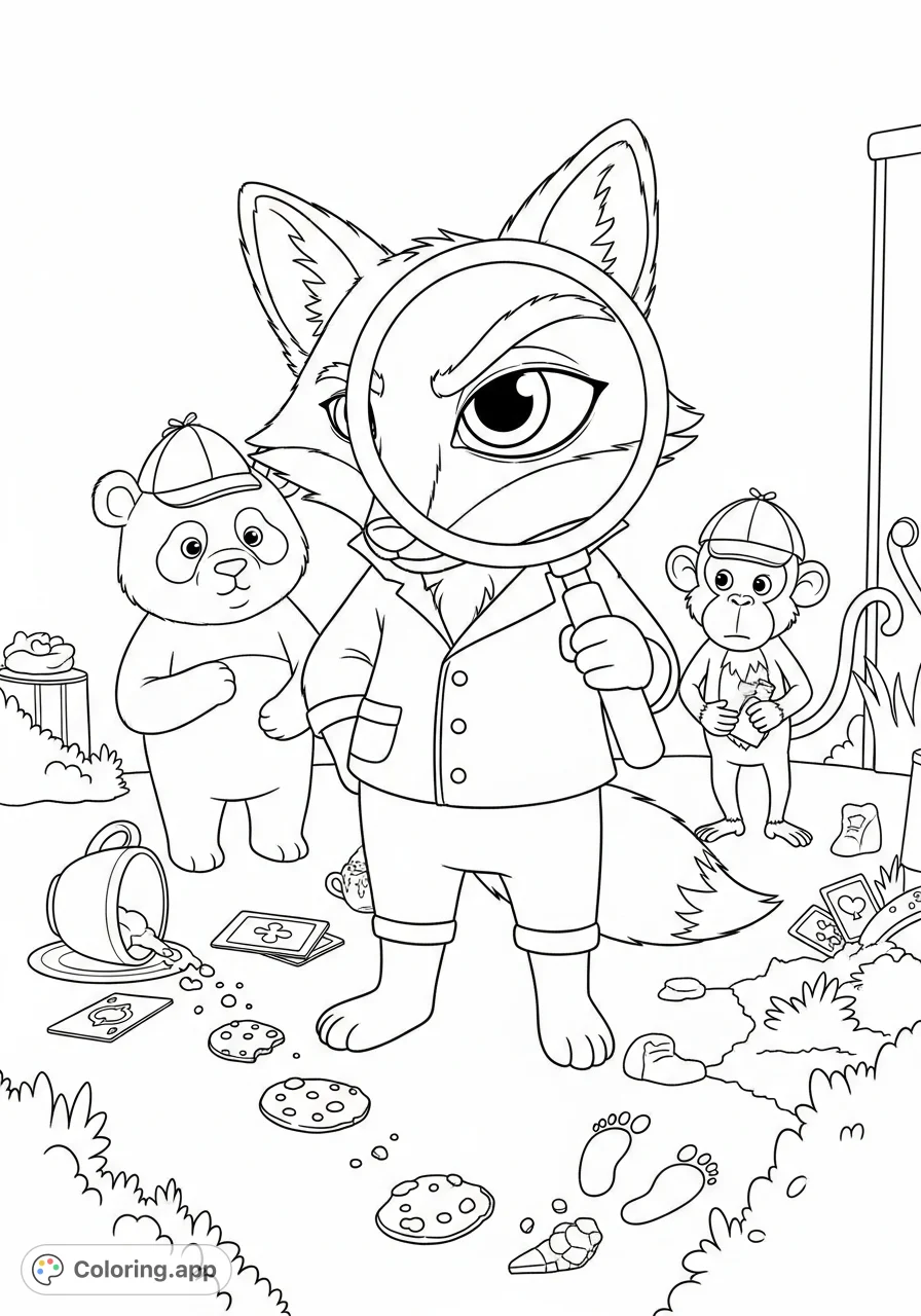 Join a charming animal detective trio—panda, fox, and monkey—on a whimsical cookie crumb trail, complete with a scrutinizing magnifying glass.