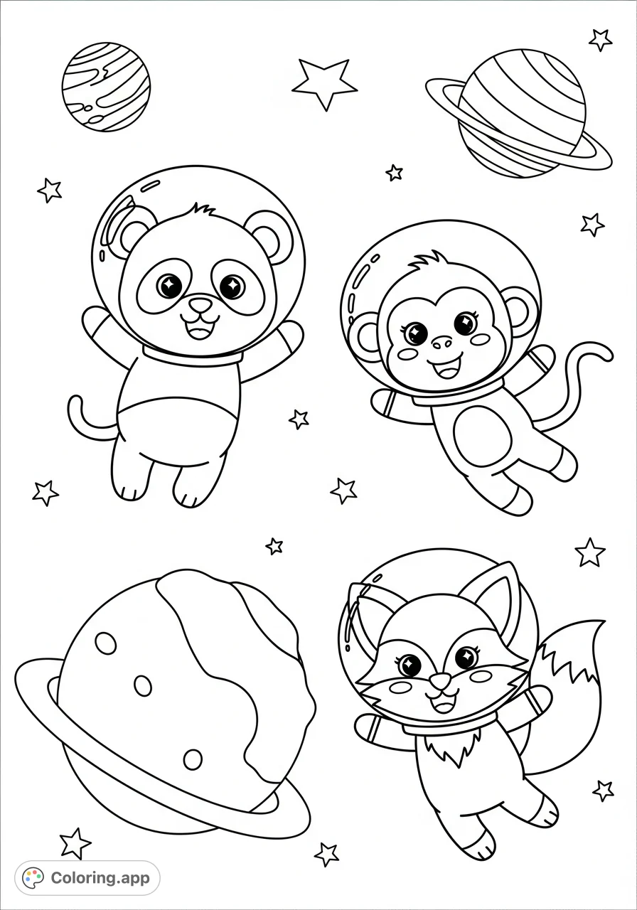 Join a panda, monkey, and fox on a playful space adventure! This adorable free printable space adventure coloring page features smiling animals in astronaut helmets.