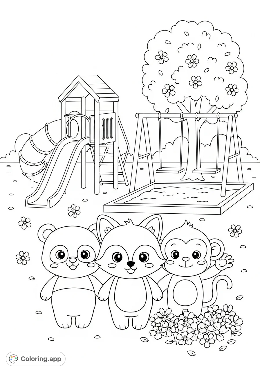 An adorable kawaii style Panda, Fox, and Monkey on a playground, featuring simple shapes and friendly expressions. A fun, free printable coloring page for kids.