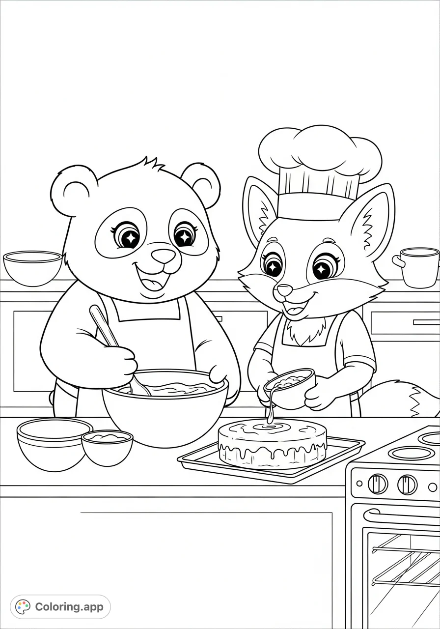 A cheerful panda and fox with sparkling eyes and wide smiles happily bake a cake in a cozy kitchen, perfect for a whimsical and delightful coloring adventure!