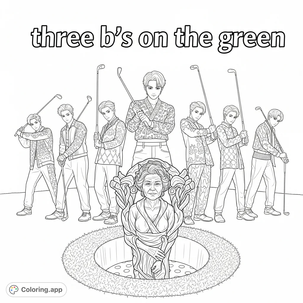 Dynamic K-Pop demon hunters hit the links, showcasing their unique style and power on the golf course with a special, sculpted 'gilf' hole. 'Three b's on the green' overhead.