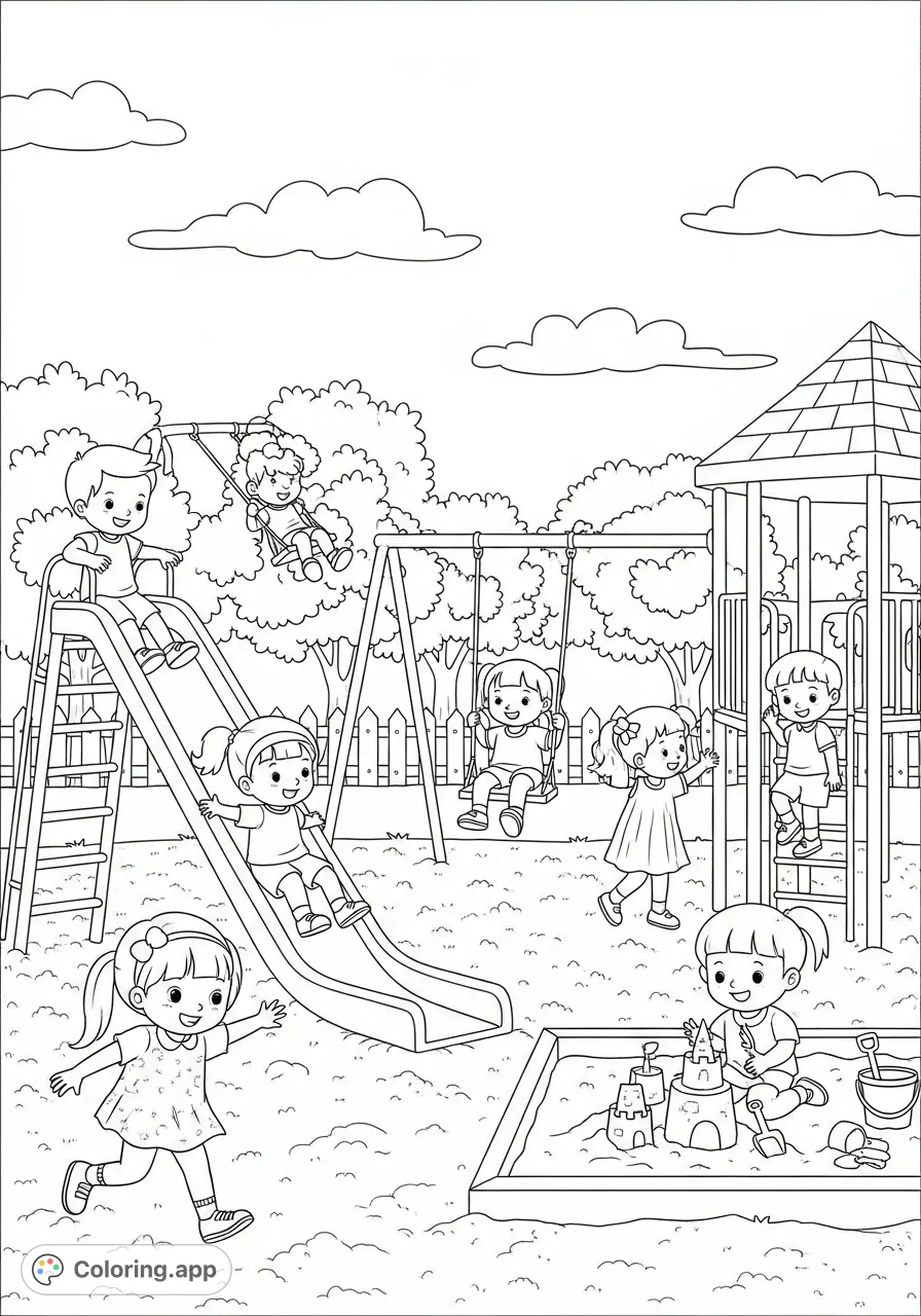 A joyful playground scene featuring children on slides, swings, and climbing structures, perfect for imaginative coloring fun.