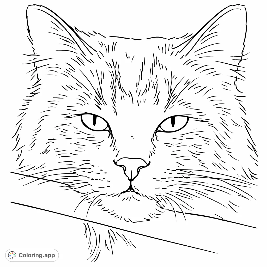 A detailed close-up of a majestic cat's face, featuring expressive eyes, patterned fur, and a relaxed posture. Perfect for cat lovers and animal enthusiasts.