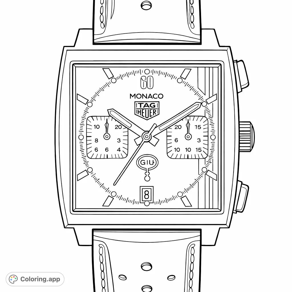 Immerse yourself in the intricate details of a sophisticated chronograph watch featuring a distinctive square case and elegant dial for a captivating coloring experience.