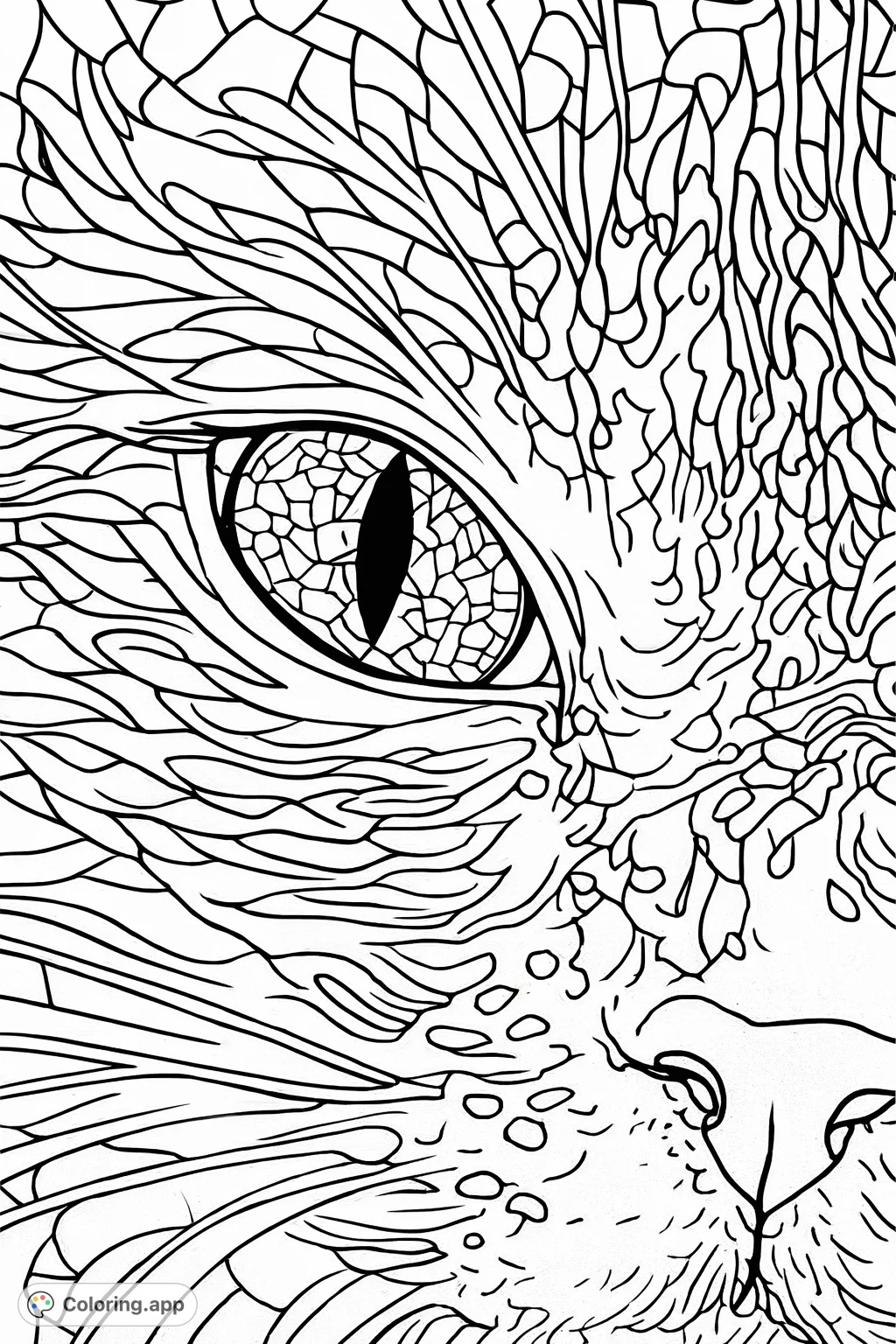Explore the captivating details of a cat's eye and surrounding fur with this intricate feline gaze coloring page, featuring abstract shapes and patterns for a unique experience.