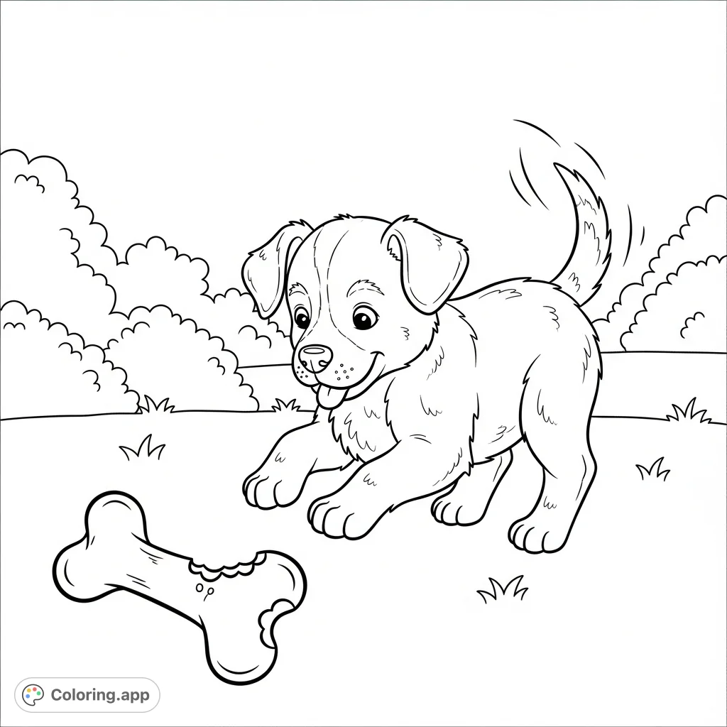 A heartwarming puppy coloring page featuring a lively puppy joyfully playing with its favorite bone in a simple outdoor setting, perfect for young animal lovers. Free printable coloring page fun!