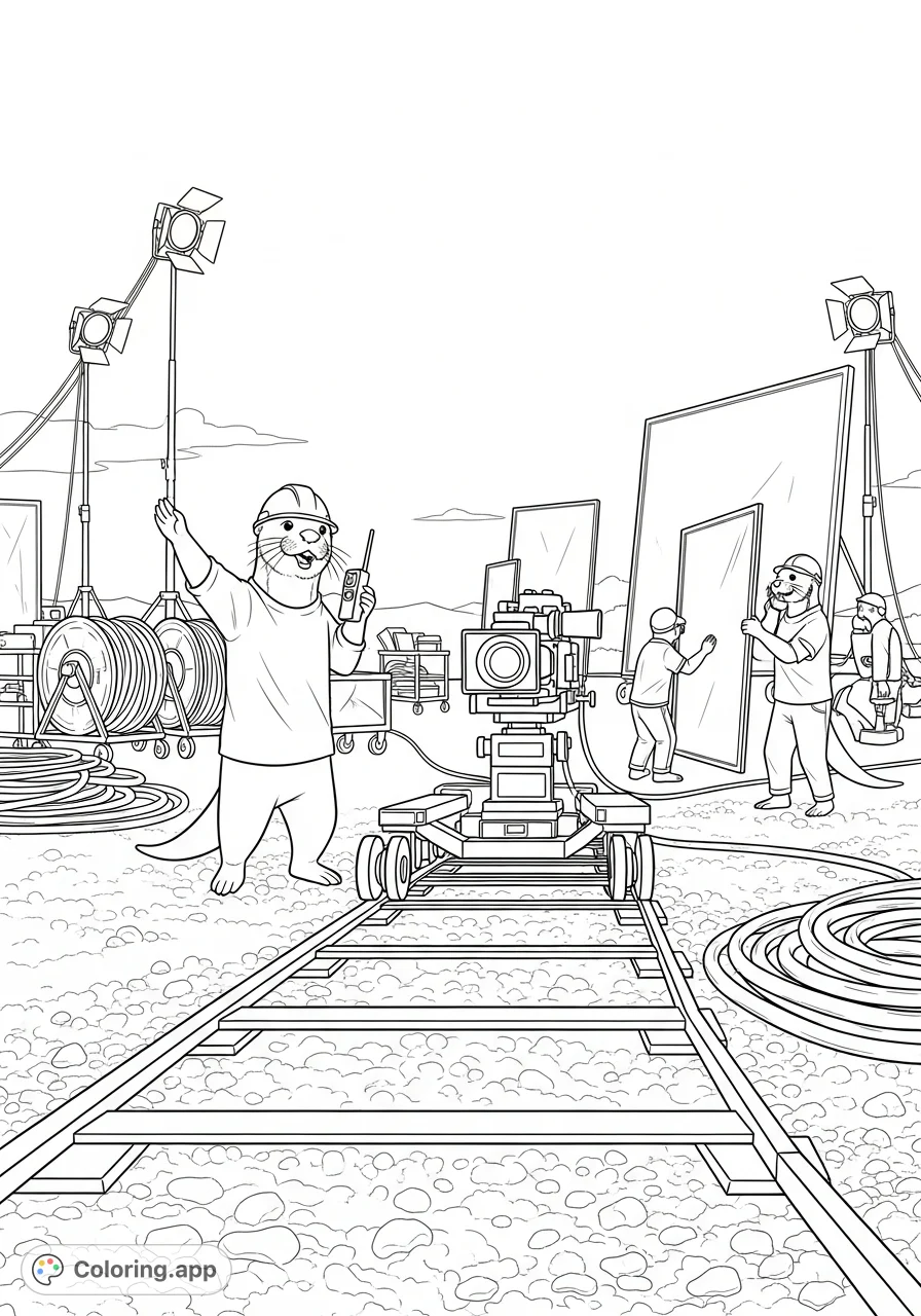An exciting movie set scene with otters in hard hats directing a camera dolly and positioning large screen panels, surrounded by film equipment under an open sky.