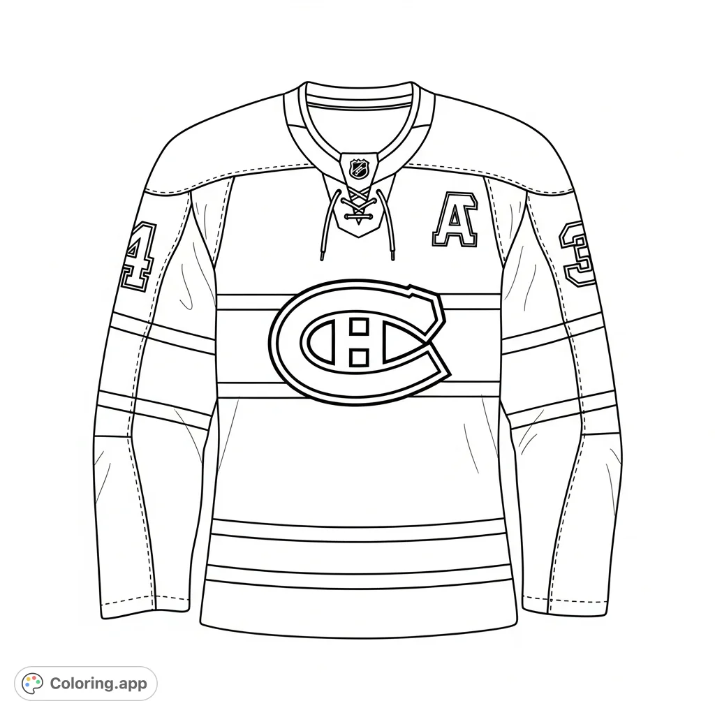 Color a detailed Montreal Canadiens hockey jersey featuring the iconic 'CH' crest, bold stripes, and player numbers. Perfect for sports fans and customization.