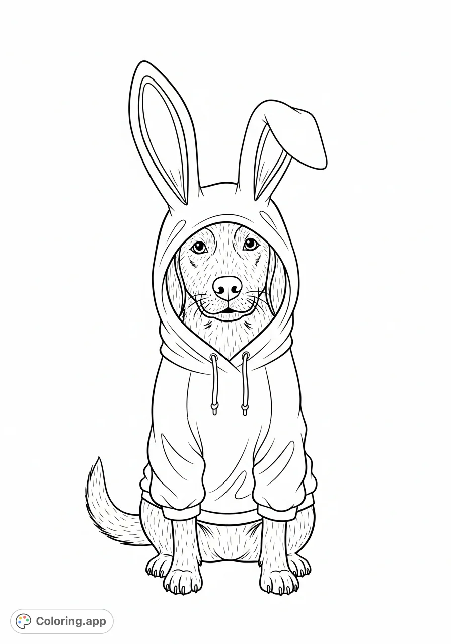 A delightful dog wearing a cozy hoodie with adorable bunny ears. This charming dog with a hoodie coloring page is a fun, free printable for all ages!