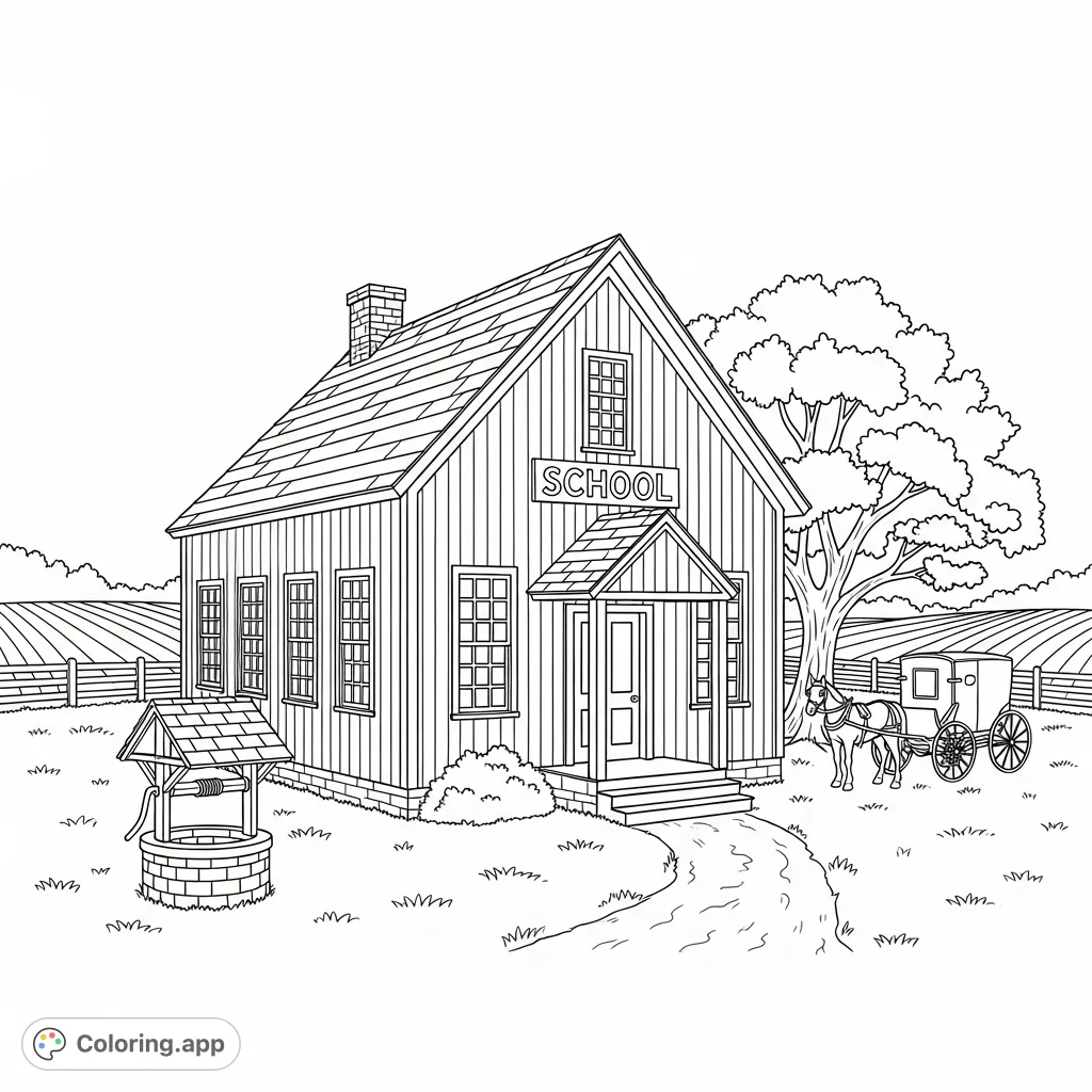 Color a charming Amish schoolhouse with a horse-drawn buggy, set in a peaceful country landscape. Perfect for serene and mindful coloring.