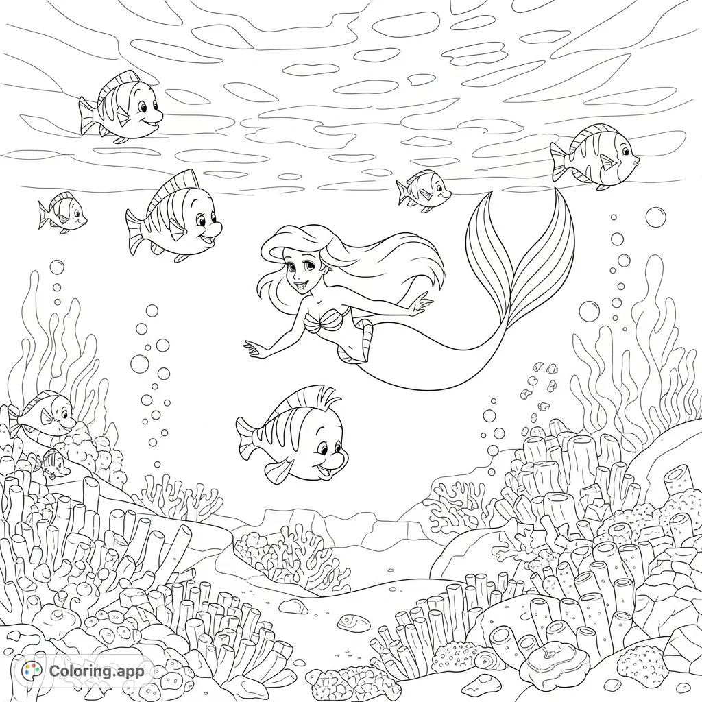 Dive into an enchanting undersea world featuring Princess Ariel, Flounder, and unique geometric fish. A delightful free printable coloring page for kids!