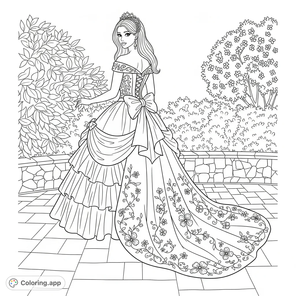 An elegant woman in an elaborate, off-shoulder gown with intricate floral and vine embroidery, crown, and dense foliage background. Perfect for detailed coloring.