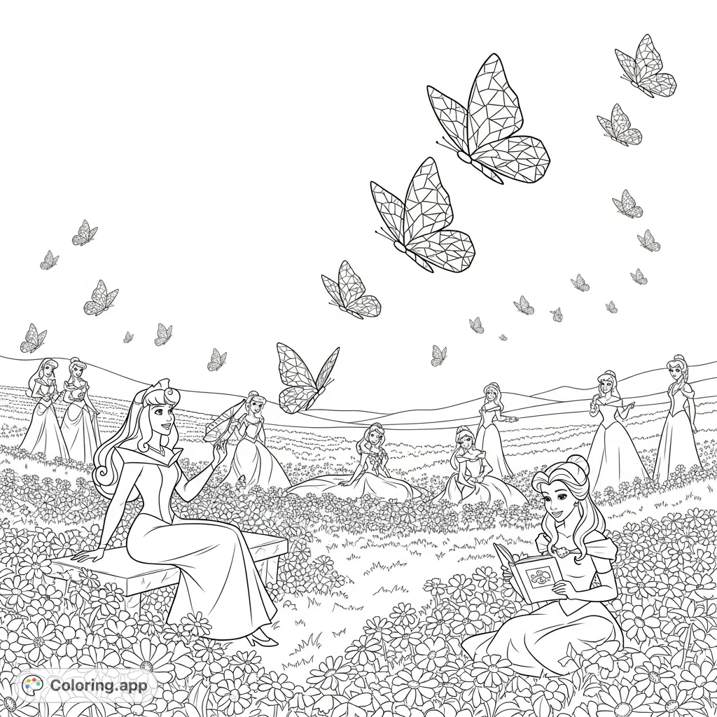 Disney Princesses, including Aurora and Belle, relax in an expansive flower field filled with geometric, mosaic-winged butterflies. An enchanting scene.