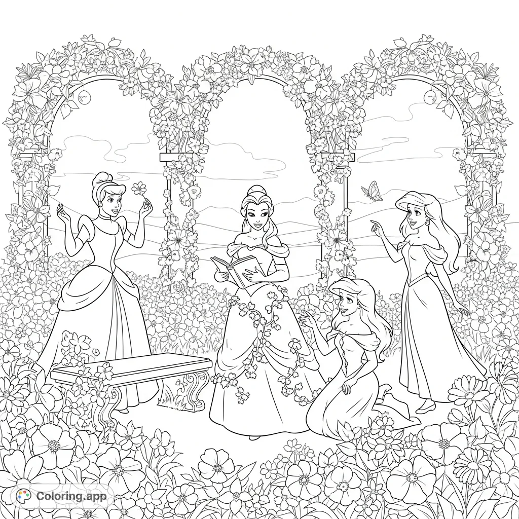 Join Cinderella, Belle, and Ariel in a magical spring flower garden, surrounded by abundant blossoms, intricate archways, and a playful butterfly.