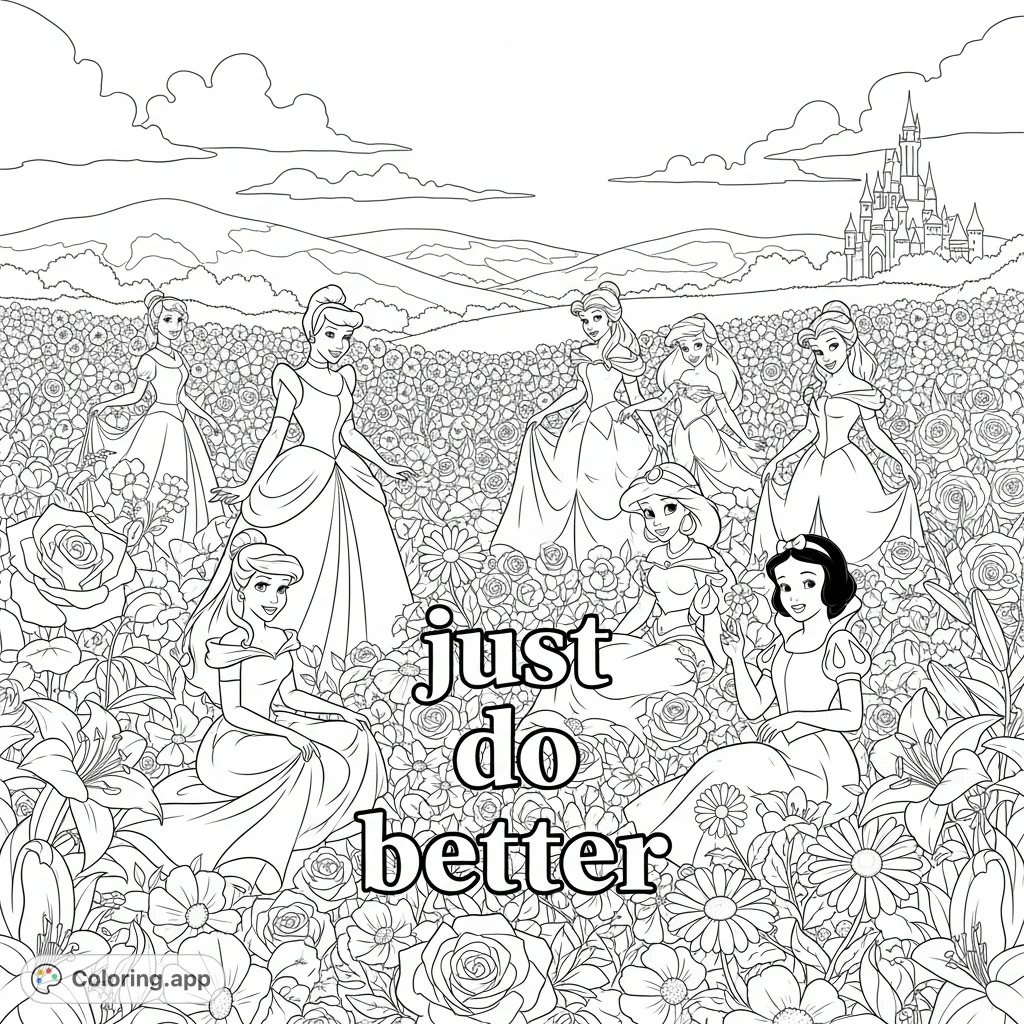 A magical Disney princesses coloring page featuring beloved characters amidst a whimsical flower field, with an uplifting message to inspire creativity.