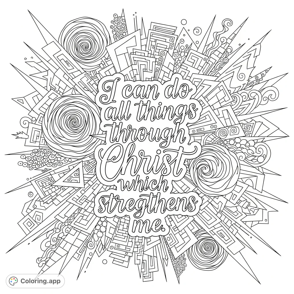 An intricate abstract design surrounds a powerful faith-based quote, offering a detailed canvas for meditative coloring and spiritual reflection.