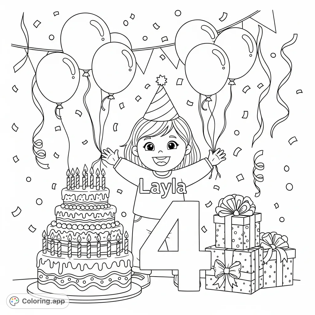 Celebrate Layla's 4th birthday with this delightful coloring page featuring a joyous child, a festive cake, balloons, and presents, perfect for a happy occasion.