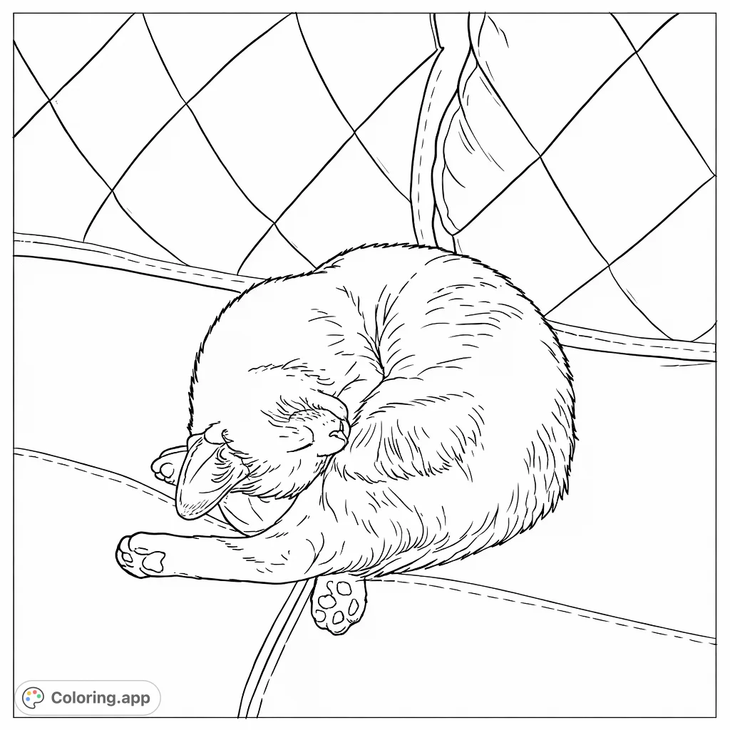 A charming cat curled into a peaceful ball, fast asleep on a textured couch. Perfect for a relaxing coloring session for cat lovers of all ages.