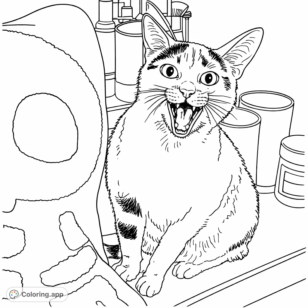 A charming feline with distinctive markings caught mid-yawn, creating a whimsical and expressive scene perfect for coloring enthusiasts of all ages.