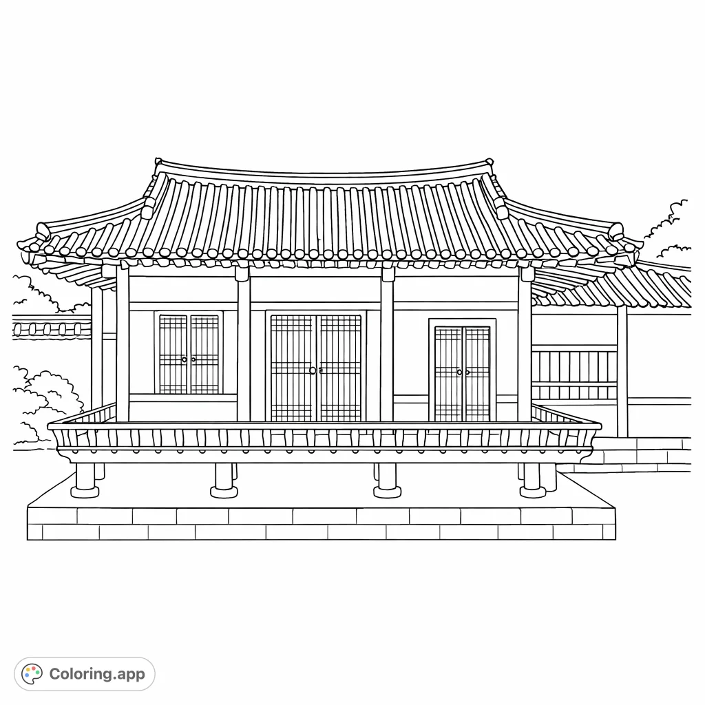 Explore a detailed traditional Korean house, or Hanok, featuring an iconic curved tiled roof, intricate windows, and a raised wooden deck. A cultural architectural coloring page.