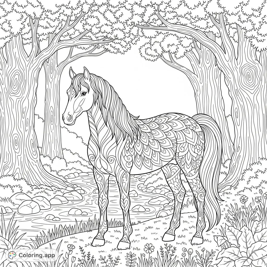 Discover a majestic horse adorned with intricate mandala patterns, standing gracefully by a winding forest stream. A detailed nature scene for mindful coloring.