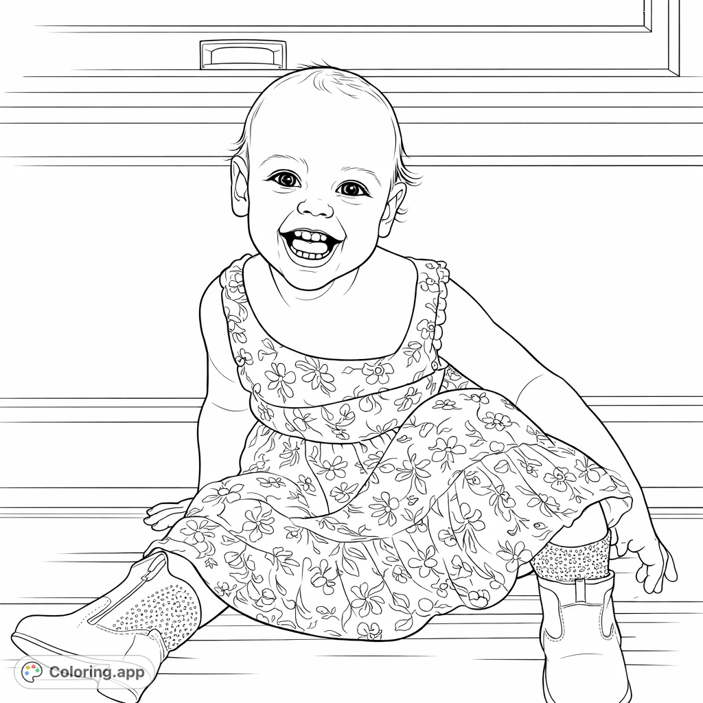 A delightful child with a big smile, wearing a patterned dress and detailed boots, seated by a window. Perfect for spreading joy and creativity!