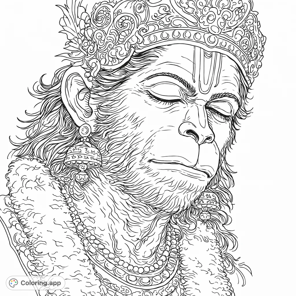 A serene Hanuman deity in meditation, adorned with an intricate crown, ornate earrings, and a distinctive forehead marking. Perfect for spiritual coloring.
