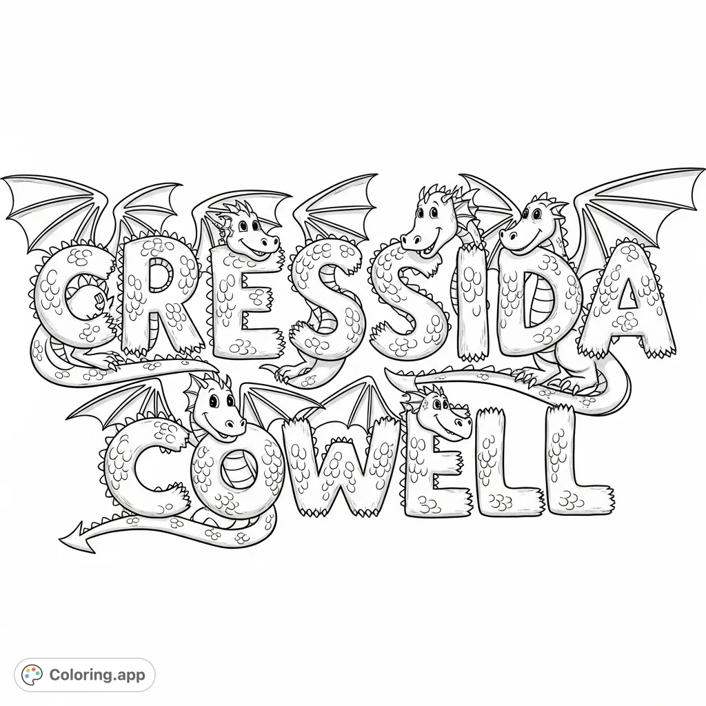 An alphabet coloring page featuring CRESSIDA COWELL spelled by friendly dragon letters. Each letter is a unique dragon with wings and tails, inviting creativity.