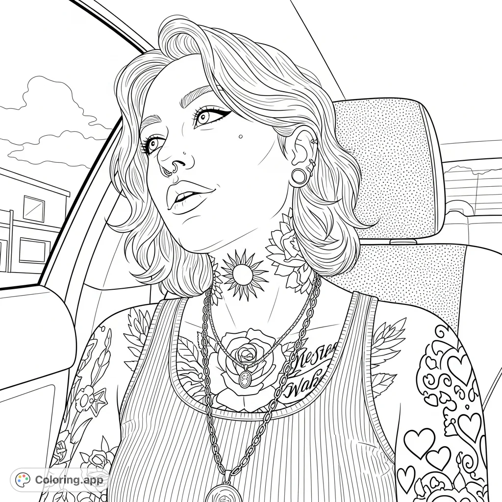 A detailed person coloring page featuring a character with wavy hair, intricate tattoos, and layered jewelry, set against a car interior and cityscape.