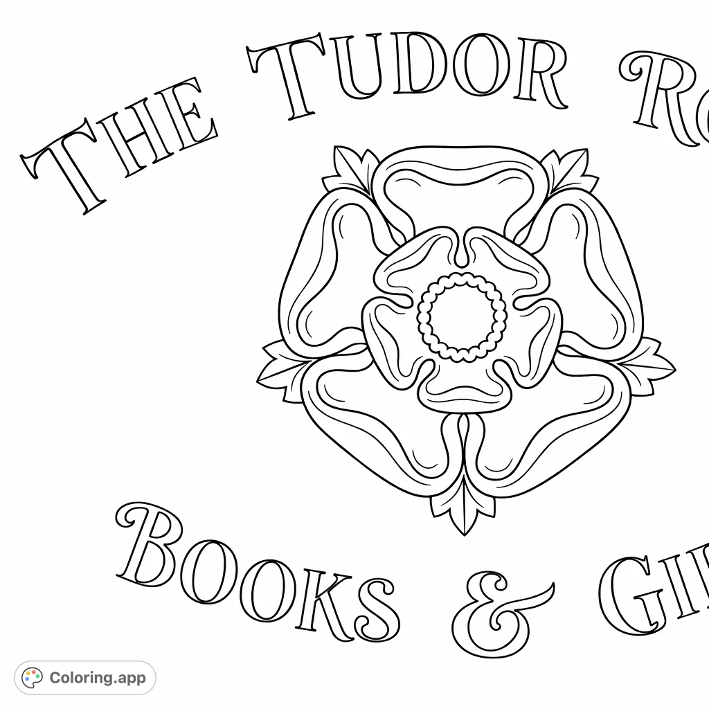 Color this historic Tudor Rose emblem coloring page, a detailed design with layered petals and leaves. A free printable floral coloring page for history and botanical art fans.