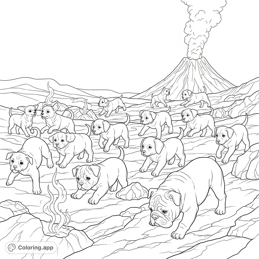 Discover a lively scene of diverse puppies exploring a steaming volcanic plain. An active volcano looms in the background, adding drama to their playful antics.