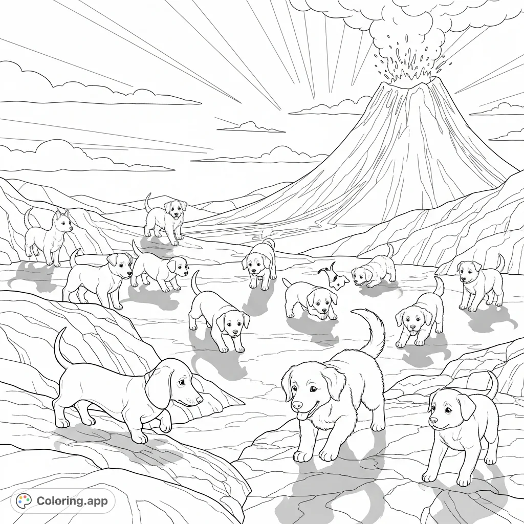 Twelve adorable puppies explore a dramatic volcanic landscape, with a dachshund navigating lava rocks and a golden retriever chasing shadows. A towering volcano looms in the background, a truly unique volcano puppies coloring page.