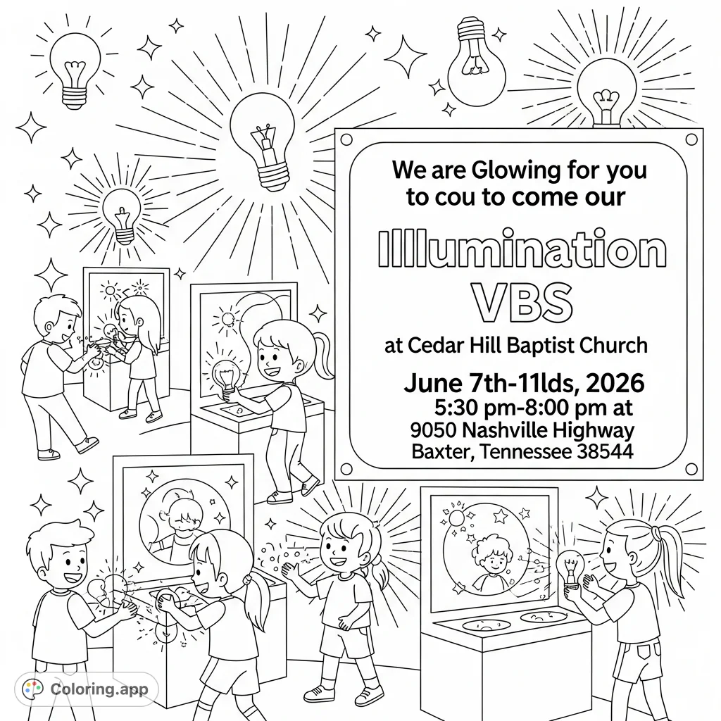 A vibrant illumination station VBS coloring page featuring children, light-themed elements, and important event details for Cedar Hill Baptist Church.