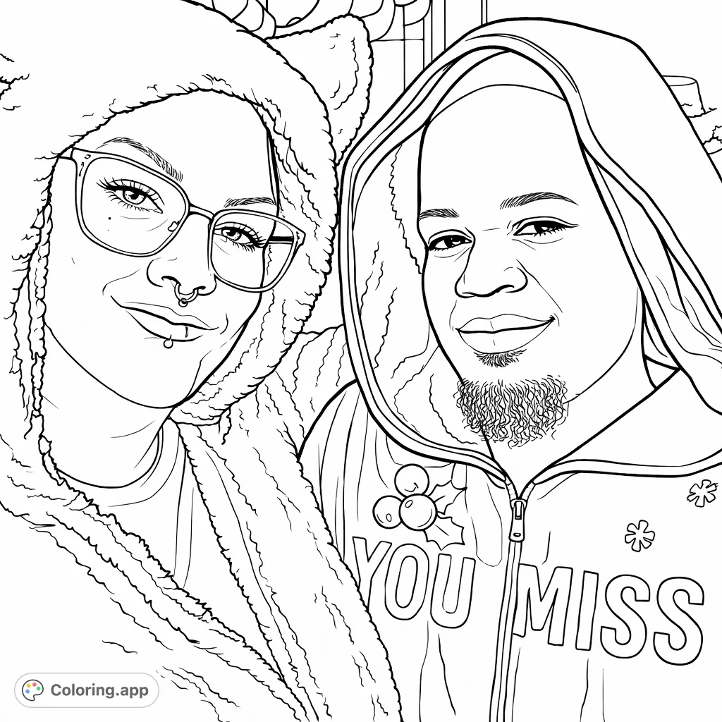 Color this cozy scene featuring two individuals in festive hooded garments, one with animal ears, the other with a patterned design. Perfect for personalizing!