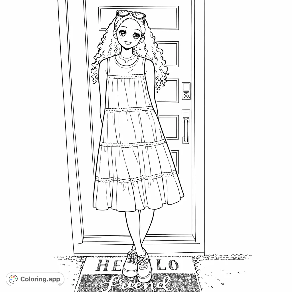 A delightful, whimsical character in a tiered dress with playful details, ready for a day out. A fun, free printable coloring page for all ages.