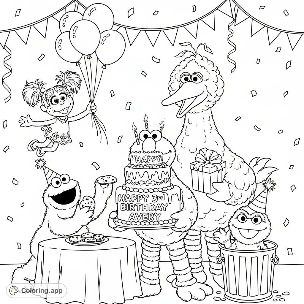 Elmo, Big Bird, Cookie Monster, Abby Cadabby, and Oscar the Grouch celebrate Avery's 3rd birthday with cake, presents, and balloons! A joyous free printable Sesame Street party coloring page for kids.
