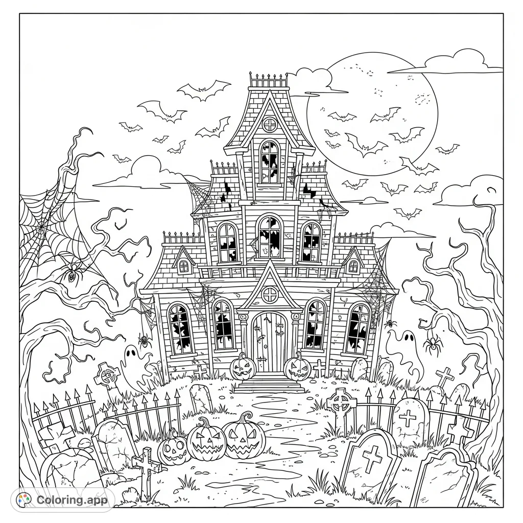 A thrilling Halloween scene featuring a haunted mansion, spooky graveyard, flying bats, and glowing pumpkins under a full moon. Perfect for a fun, creative coloring adventure.