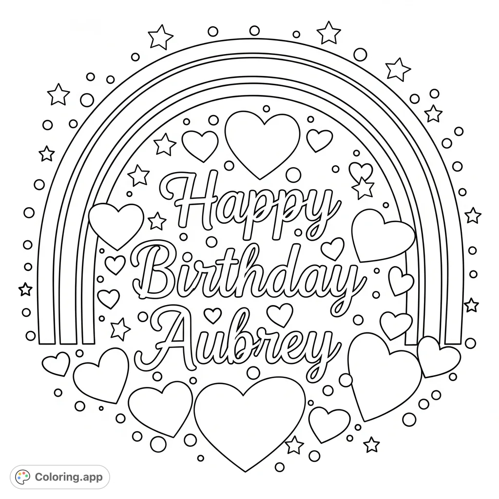 Celebrate Aubrey's special day with this festive birthday coloring page! Features "Happy birthday Aubrey" text, playful hearts, and cheerful rainbows.