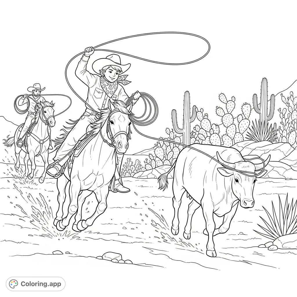 A dynamic Kids Rodeo team roping scene featuring a young cowboy on horseback roping a steer. Detailed cactus patch in the background.