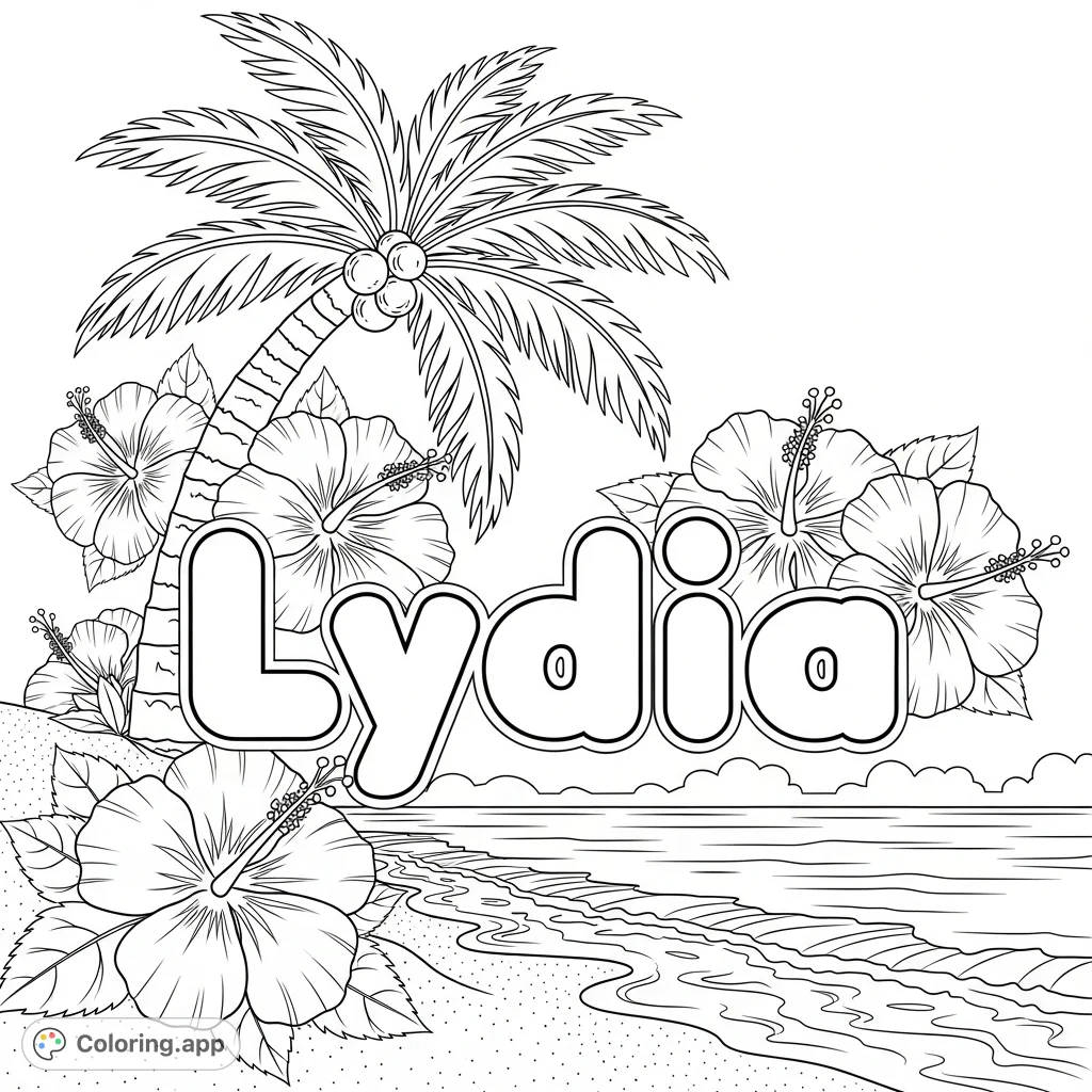 Color 'Lydia' in fun bubble letters, surrounded by a vibrant Hawaiian beach scene with swaying palm trees and detailed hibiscus flowers. A perfect tropical getaway.